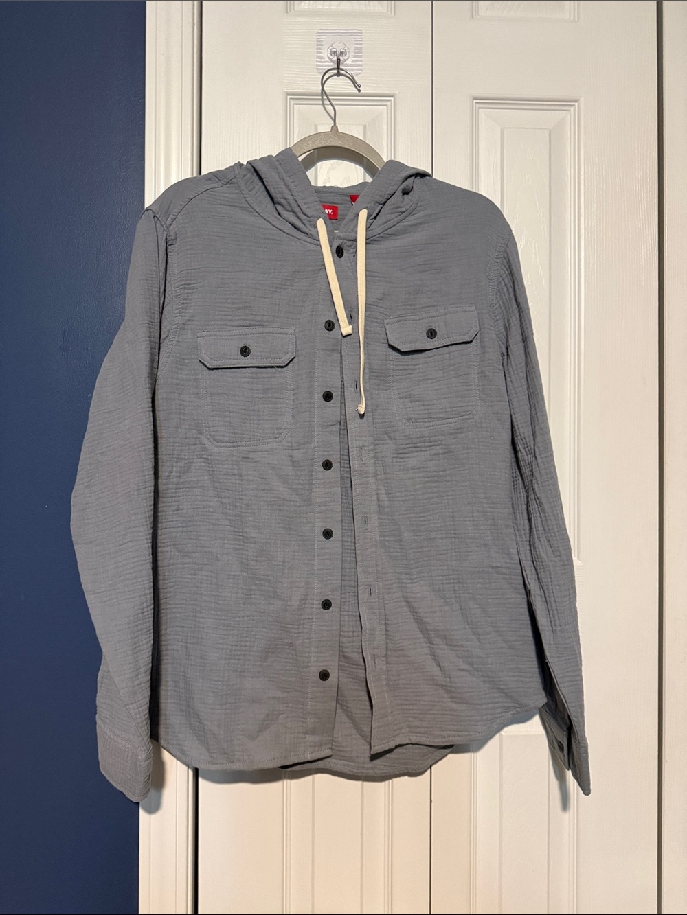 UNIONBAY Men's Hooded Button-Front Shirt Jacket in Gray with Cream Drawcord